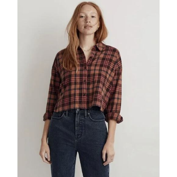 Madewell Plaid Flannel Crop Shirt WMNS S Ginger/Pink Long Sleeve Grunge Top Chic - Picture 2 of 11